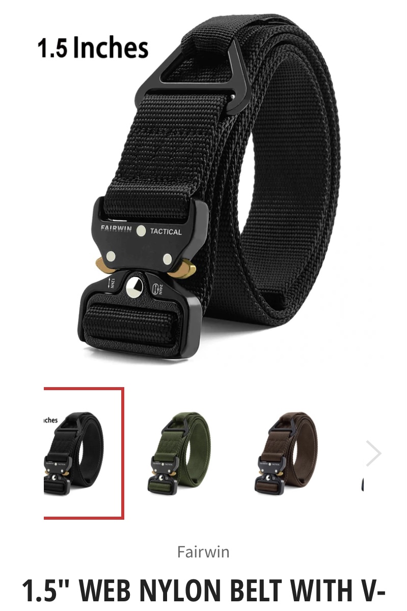 Screenshot from a website of several rolled up nylon tactical belts with latch action buckles on a white background. The listing says 'Fairwin 1.5 Web Nylon Belt with V-ring'