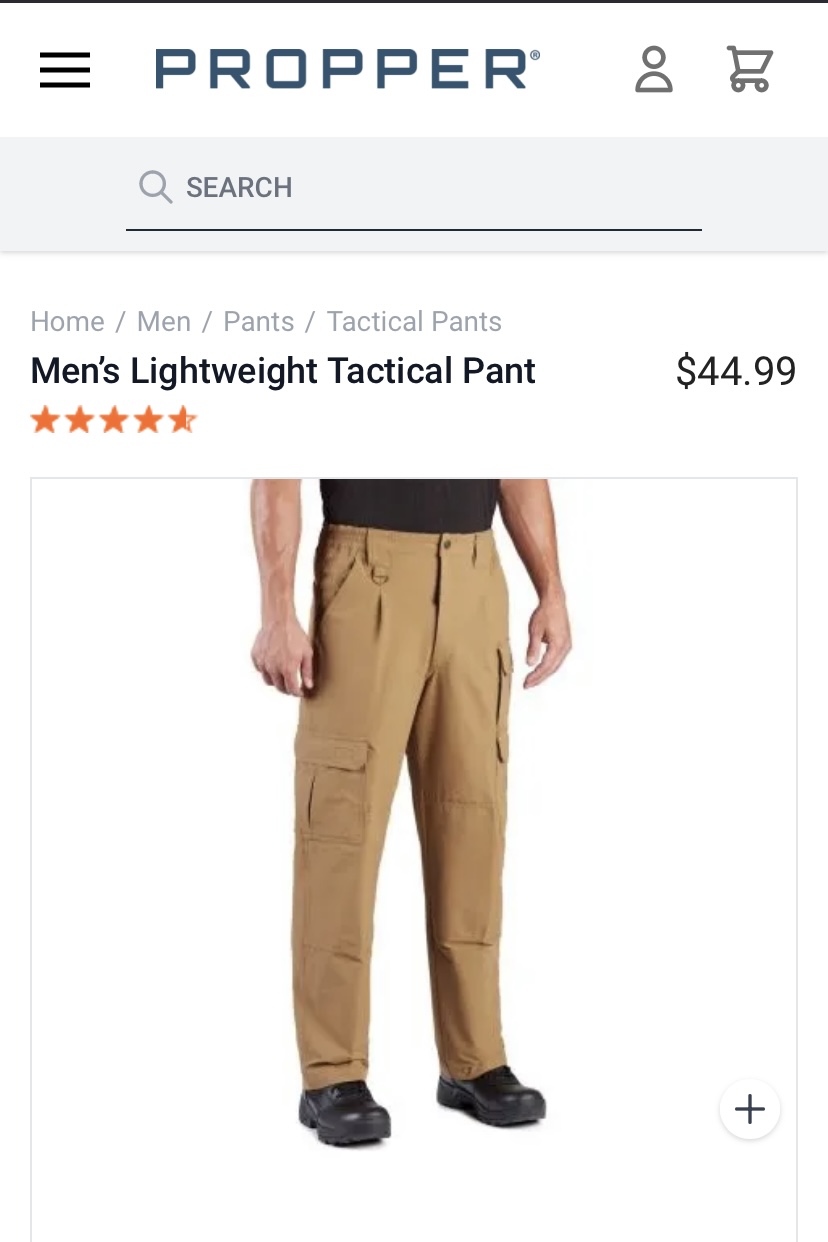 Screenshot from a website of a model from the waist down wearing khaki tactical pants with a bunch of pockets. The item listing says 'Propper Men's Lightweight Tactical Pant'